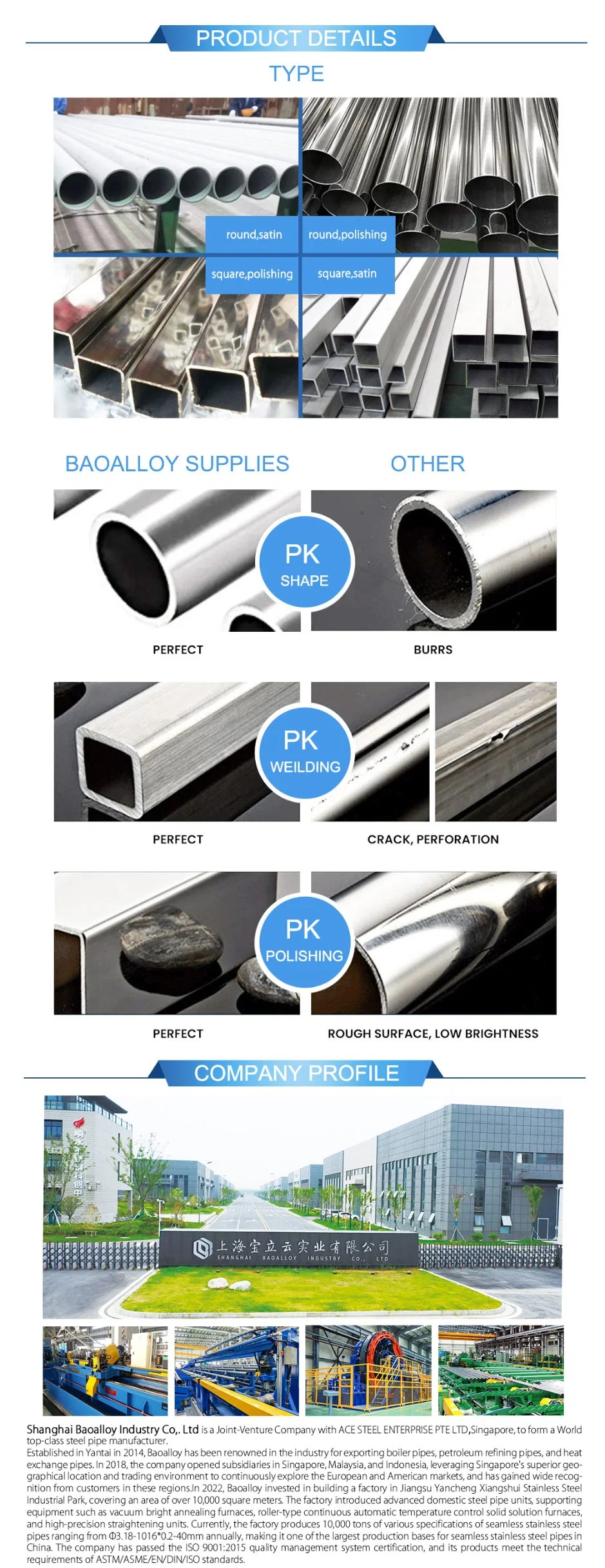 Hot Selling 304 304L 304h 310 316 316L 316h 317 317L 321 321H Round Welded Stainless Steel Pipe Rundt Svejset Rustfrit Stå Lrø R